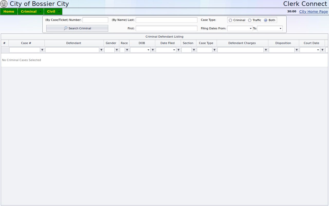Bossier Parish warrant lookup: the Bossier City Court criminal inquiry form