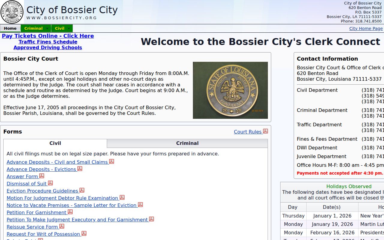 Bossier City warrant records: the Bossier City Court landing page with Clerk Connect and court hours
