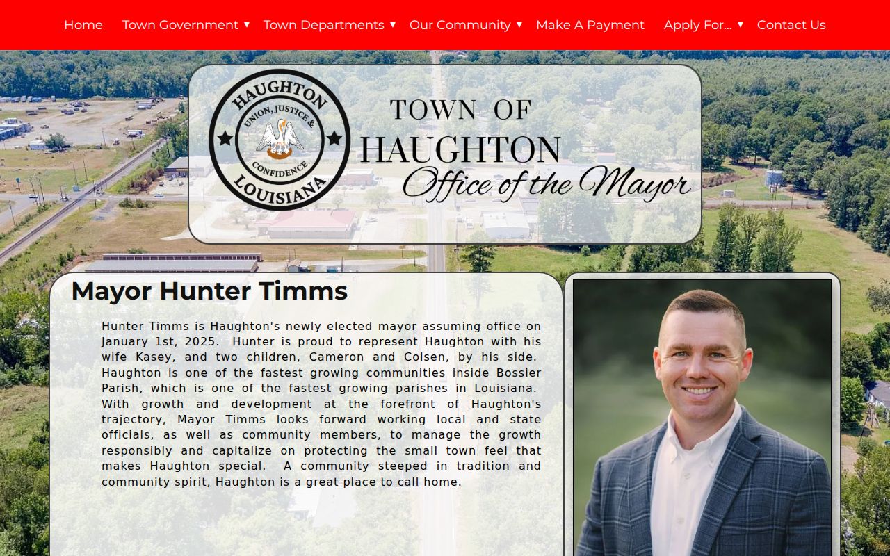 Haughton warrant records: the Town Hall page with the municipal address and office hours