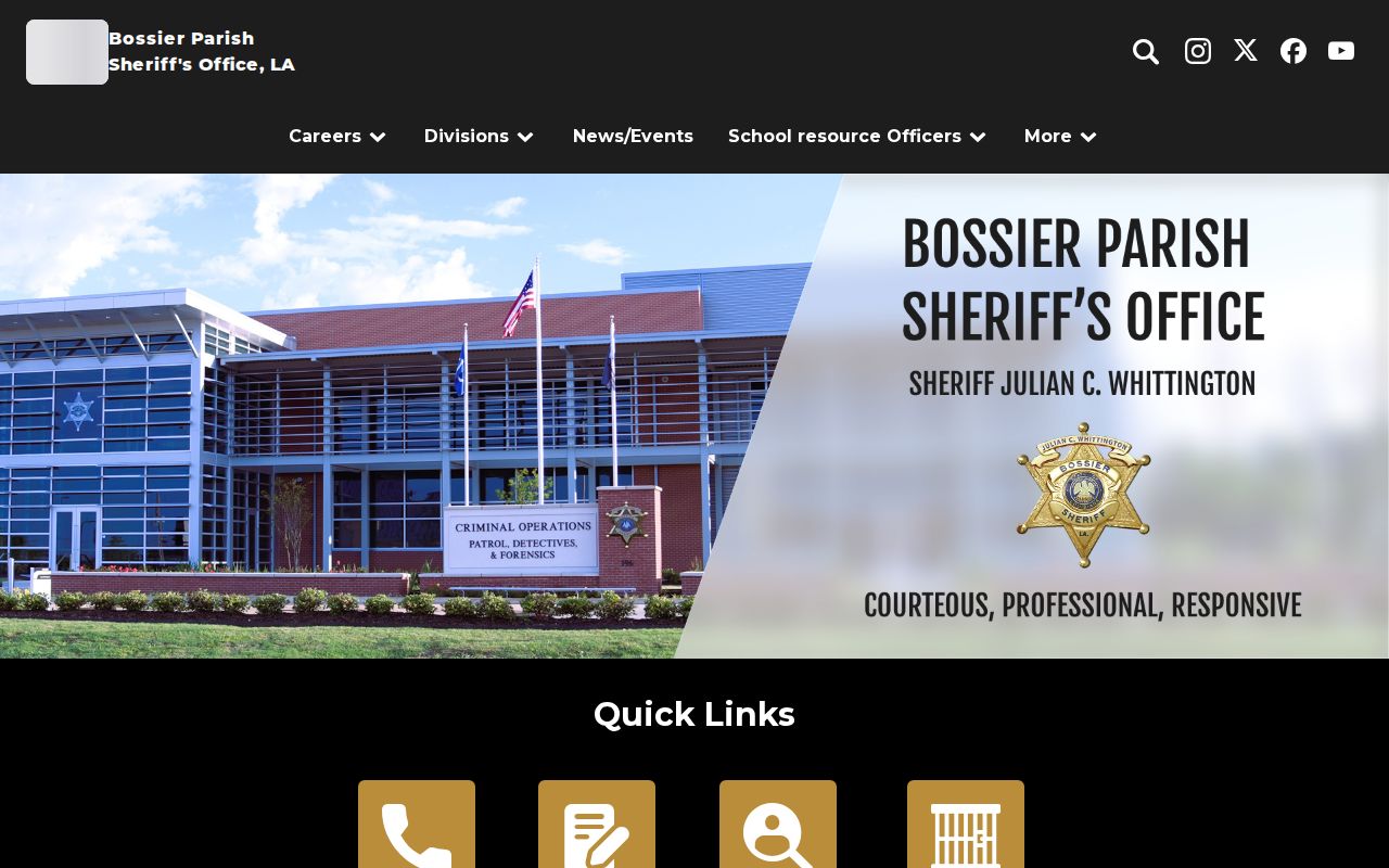 Bossier Parish warrant records: the Sheriff's Office home page navigation