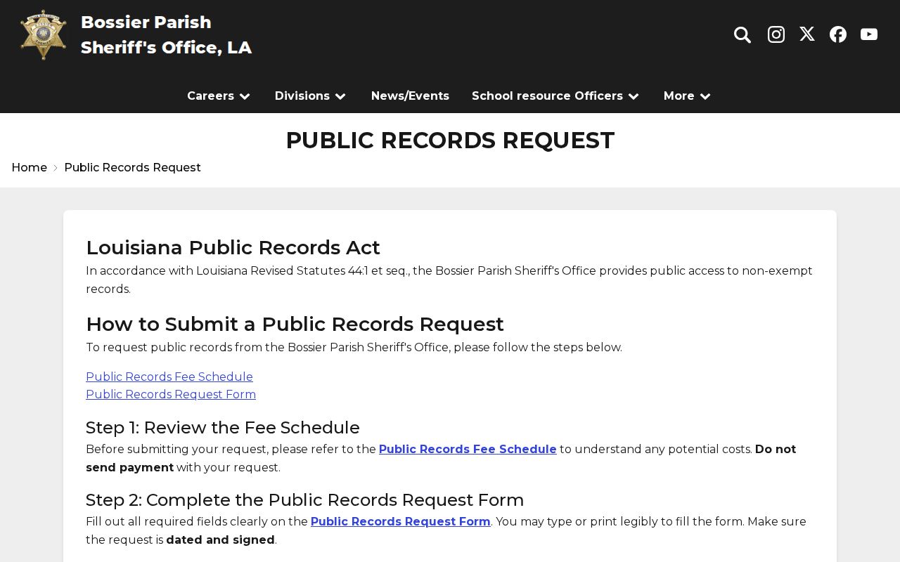 Bossier Parish warrant records: the Sheriff's Office public records request page